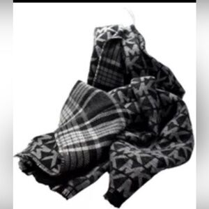 Michael Kors Reversible Logo Plaid Scarf Large Wrap Black Grey 539980C